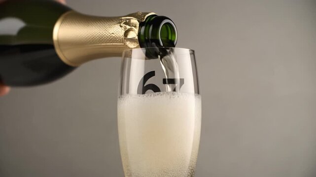 Glass engraved with the number 67. Champagne bottle fills the glass with alcohol. Celebrating milestone, anniversary or birthday