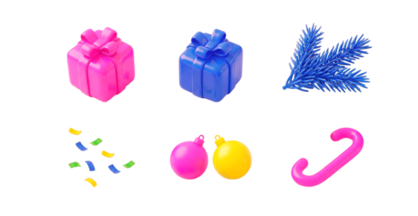 Set of glossy 3D Christmas design elements including colorful gifts, pine branch, baubles, confetti and candy cane.