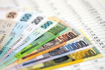 Congolese francs money bills banknotes on document with business calculations table close up. Business, investment and taxation in Democratic Republic of Congo