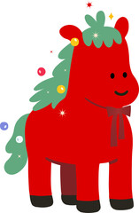 Red Christmas Horse Character with tree decorations, Isolated PNG