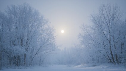 Fototapeta premium Framing frost-covered trees filling center of snowy clearing, with pale sun and mist