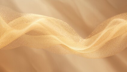 Undulating golden mesh ribbon drifting over warm beige backdrop, showing micro-glitter, faint bokeh