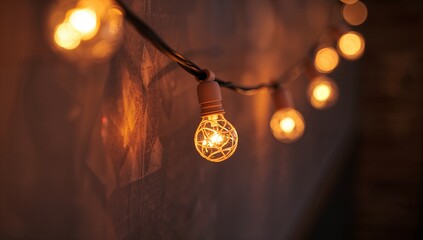 Glowing globe bulb with wire cage hanging on textured wall, showing filament and bokeh lights