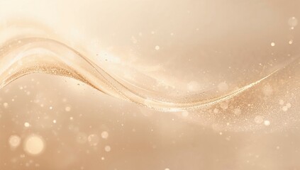 Flowing golden ribbon wave sweeping across studio panel, trailing fine glitter and bokeh orbs