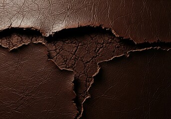 Closeup texture of dark brown cracked leather, showing intricate details of the worn surface and torn edges, abstract background
