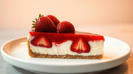 Delicious strawberry cheesecake slice on white plate with graham cracker crust and fresh strawberries
