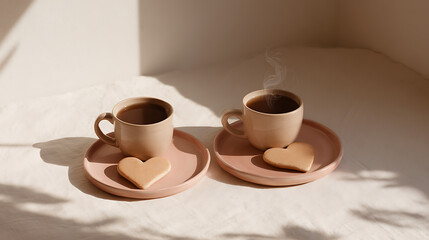 Serene coffee break with heart-shaped cookies. Enjoying the simple pleasures of life with a warm beverage and sweet treat. A moment of peace and relaxation.