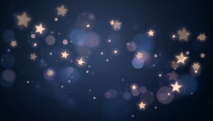 Shimmering cluster of glowing stars drifting across navy-indigo gradient with bokeh orbs and sparks