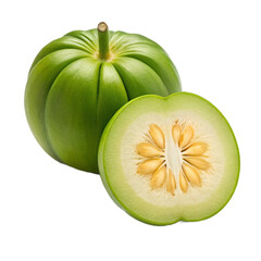 Fresh green Elephant Apple (Dillenia indica) fruit whole and halved