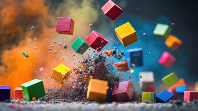 Colorful building blocks exploding in mid-air, symbolizing creativity and dynamic energy