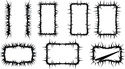 Spiky thorn frame vector collection featuring sharp edgy borders, gothic decorative outlines, grunge design elements, isolated black silhouettes for dark themed illustration projects