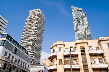 Modern skyscrapers of the financial district in Tel Aviv, Israel. Developing city in the Middle East.