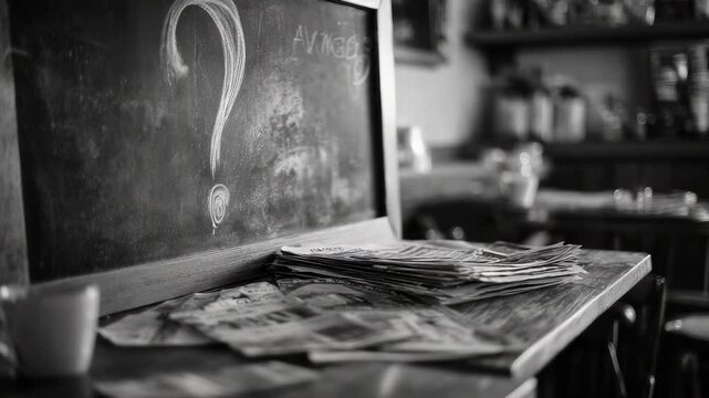 A chalkboard with a large question mark in a cafe, a stack of newspapers on the counter, a coffee cup, and blurred shelves in the background.