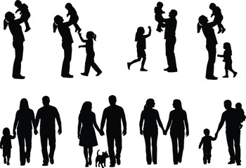 Family silhouette vector set, parent child interaction icons, bonding moment shapes, black flat illustration, cad drawing flat vector illustration