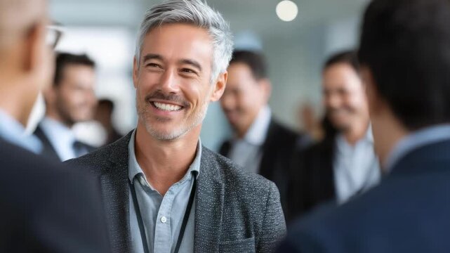 Smiling middle-aged man in a gray blazer chatting with colleagues at a business networking event.