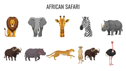 African safari animals depicted in a cartoon style on a white background © Faisal
