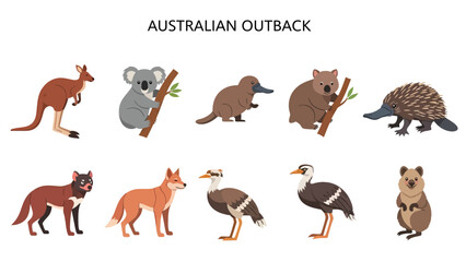 Flat illustration of ten Australian outback animals against a white background © Faisal
