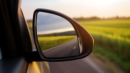 Open road reflected in a car's side mirror, framed by a golden field. A peaceful journey captured through a moment in time, with blurred horizon hinting at distant adventures.