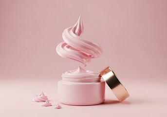 A swirl of pink cream cosmetic product in an open jar with a gold lid on a pink background, studio shot
