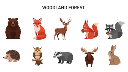 Ten cartoon woodland forest animals arranged in two horizontal rows against a white background © Faisal