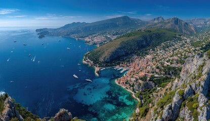 Aerial panorama of coastal town with turquoise waters and mountains