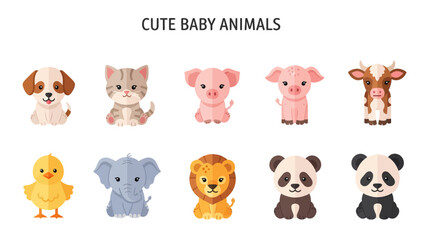 Obraz premium Ten flatdesign cute baby animals arranged in two horizontal rows