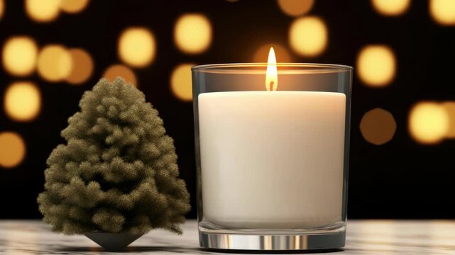 A small, festive scene featuring a lit white candle in a clear holder next to a tiny pine tree on a table.