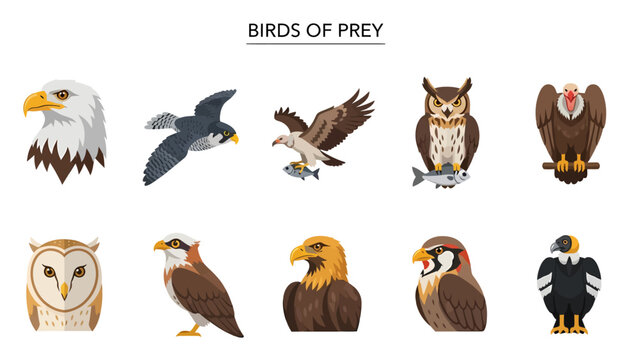 Ten illustrations of various birds of prey arranged in two rows