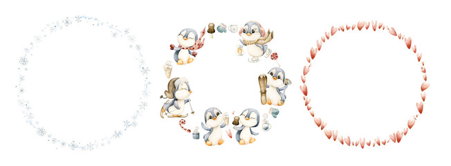 Cute Winter Wreaths with penguins hearts snowflakes. Watercolor hand drawn illustration isolated on white background for kids design Christmas Valentine card baby template nursery holiday print label