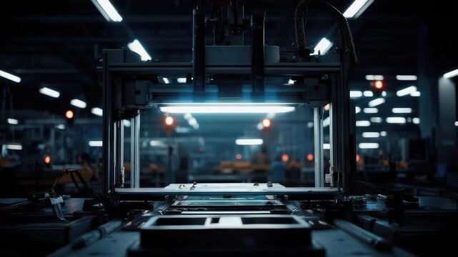 Industrial 3D printer or CNC machine in a dim factory, metal frame with a glowing blue light on the moving bed.