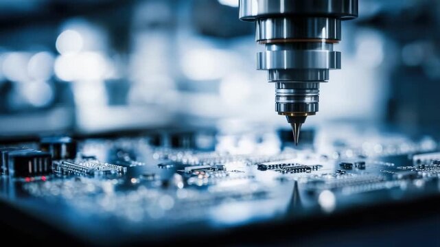 Close-up of a precision machining spindle working on a printed circuit board during PCB fabrication.
