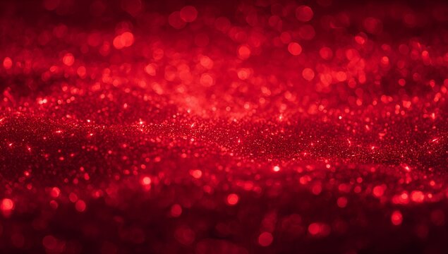 Shimmering red glitter surface glinting in macro close-up, showing sequins, bokeh highlights