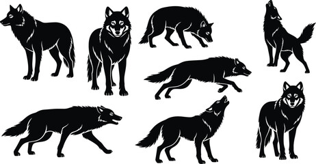 Wolf silhouette vector set, wild animal pose icons, nature movement shapes, black flat illustration, cad drawing flat vector illustration