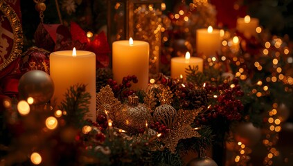 Glowing holiday centerpiece warming mantel with lit pillar candles, garland, gold baubles, lights