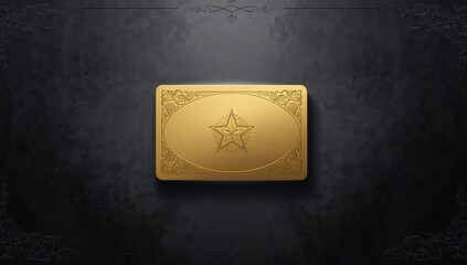 Fototapeta premium Floating polished gold plaque hovering on studio backdrop, showing five-pointed star and filigree