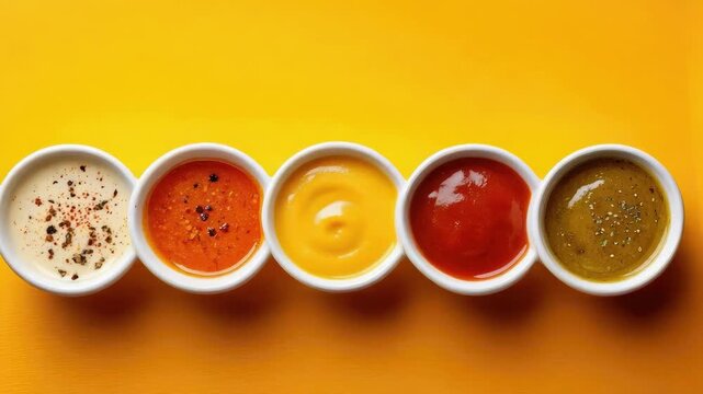Six small bowls of different sauces lined up on a bright orange surface, showing white, orange, yellow, red, and brown-green hues.