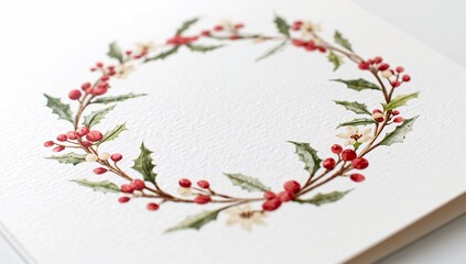 Obraz premium Displaying painted circular watercolor wreath sitting centered on textured paper, with brushstrokes