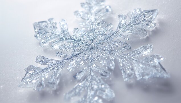 Glittering single snowflake resting in studio macro on white surface, with tiny ice particles