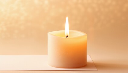 Glowing ivory pillar candle sitting on white card on pale tabletop, casting warm glow with flame