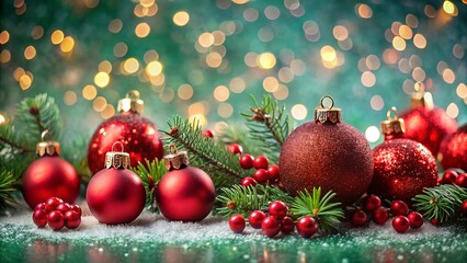 Christmas red decoration and sparkle bokeh lights on green background