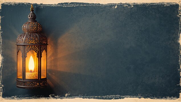 Hanging pierced lantern with flame casting amber rays on textured wall, paper border, copy space - Powered by Adobe