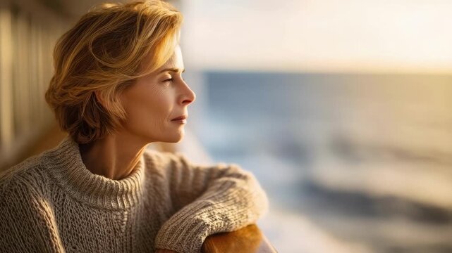 A woman with short blonde hair wearing a chunky beige sweater gazes out at the sea during sunset.