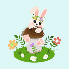 Cute Baby Bunny and Summer Mushroom Illustration