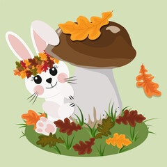 Cute Baby Bunny and Autumn Mushroom Illustration
