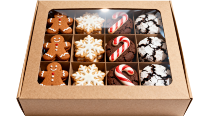 Christmas Cookie Gift Box with Gingerbread, Snowflakes and Candy Canes – Holiday Treats on Transparent Background