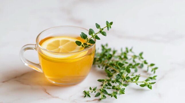 A warm cup of lemon thyme tea served in a clear glass with fresh lemon slice and fragrant thyme sprig creating a soothing moment