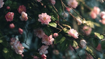 realistic close up of flowers leaves and branches with aesthetic mood