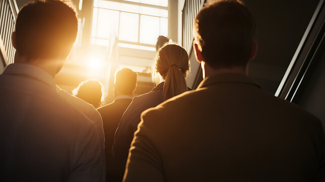 A group of individuals walking up stairs toward bright sunlight, backs facing the viewer. The lighting gives a warm, optimistic feel as they move forward in unison.