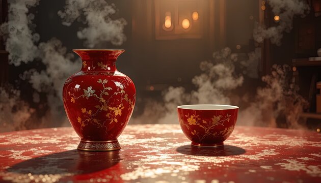 Set vas dan mangkuk merah elegan dengan desain bunga emas, menciptakan suasana tenang dan tradisional, sempurna untuk proyek budaya atau dekoratif.