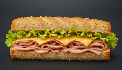 Isolated on a clear background is a delectable ham and cheese sandwich with lettuce.